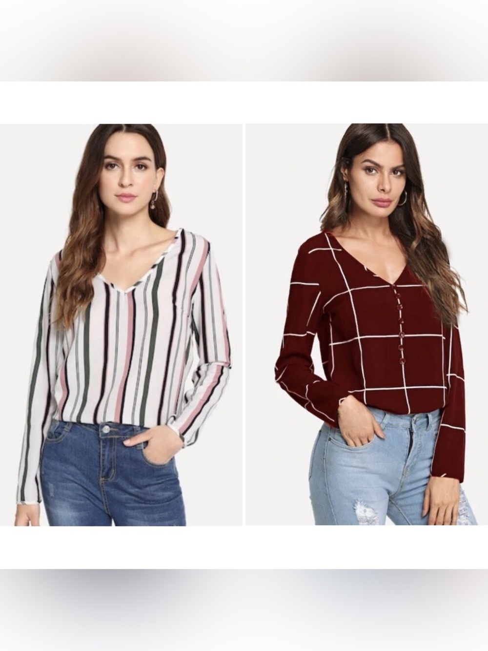 (2 Piece) SHEIN Womens Blouse Tops Size M Boho Long Sleeve Striped V-Neck